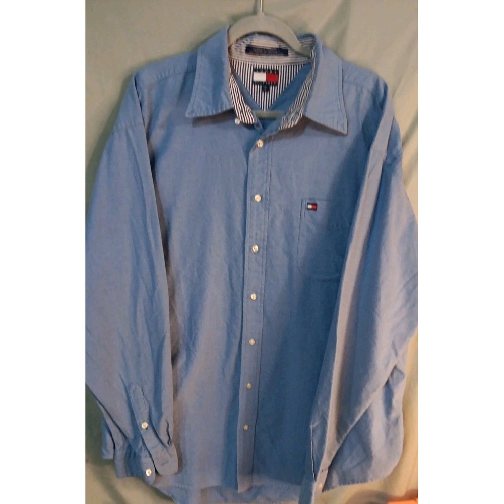 Vtg Tommy Hilfiger XXL 90s Button Chambray Denim Shirt Flag Long Sleeve ...READ